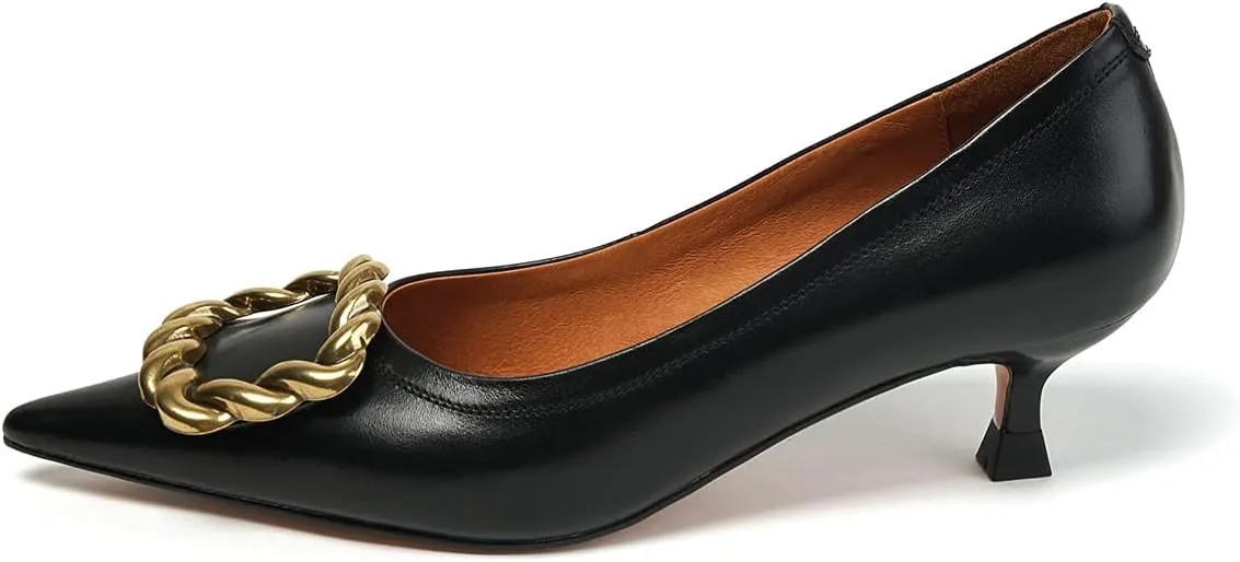 TinaCus Women's Handmade Genuine Leather Pointed Toe Kitten Heel Metal Square Pattern Loafer Pumps