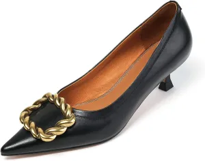 TinaCus Women's Handmade Genuine Leather Pointed Toe Kitten Heel Metal Square Pattern Loafer Pumps