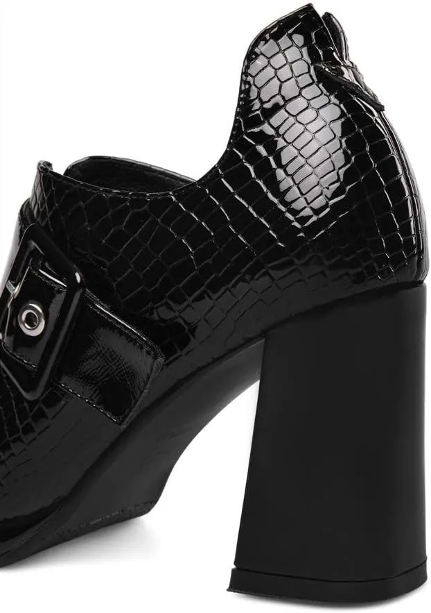 TinaCus Women's Handmade Patent Leather Round Toe Zip Up High Chunky Heel Chic Pumps Shoes with Buckle