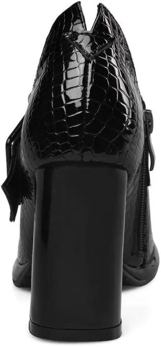 TinaCus Women's Handmade Patent Leather Round Toe Zip Up High Chunky Heel Chic Pumps Shoes with Buckle