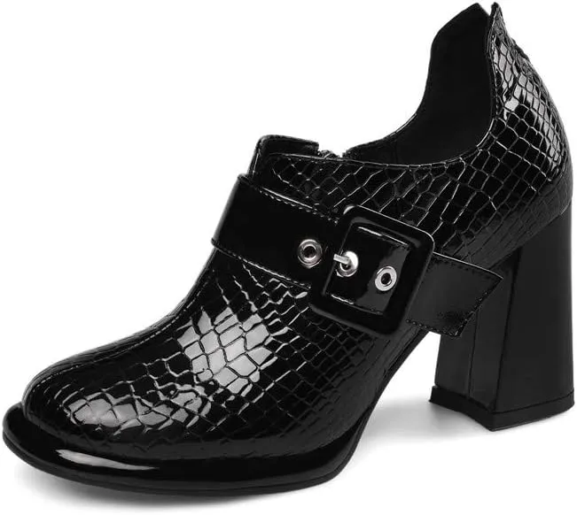 TinaCus Women's Handmade Patent Leather Round Toe Zip Up High Chunky Heel Chic Pumps Shoes with Buckle