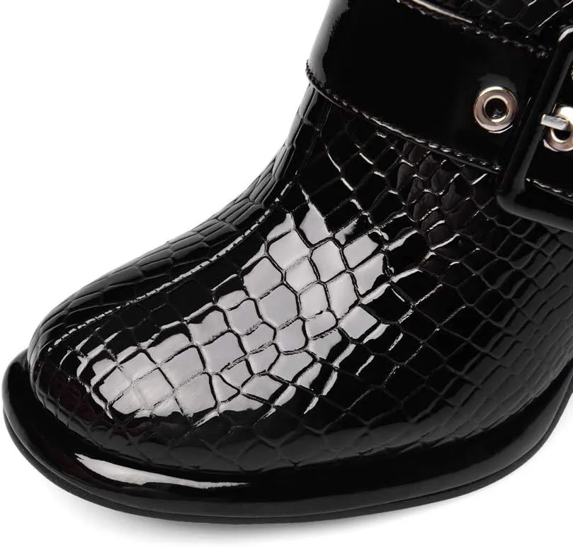 TinaCus Women's Handmade Patent Leather Round Toe Zip Up High Chunky Heel Chic Pumps Shoes with Buckle