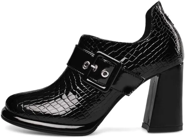 TinaCus Women's Handmade Patent Leather Round Toe Zip Up High Chunky Heel Chic Pumps Shoes with Buckle