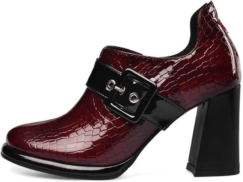 TinaCus Women's Handmade Patent Leather Round Toe Zip Up High Chunky Heel Chic Pumps Shoes with Buckle