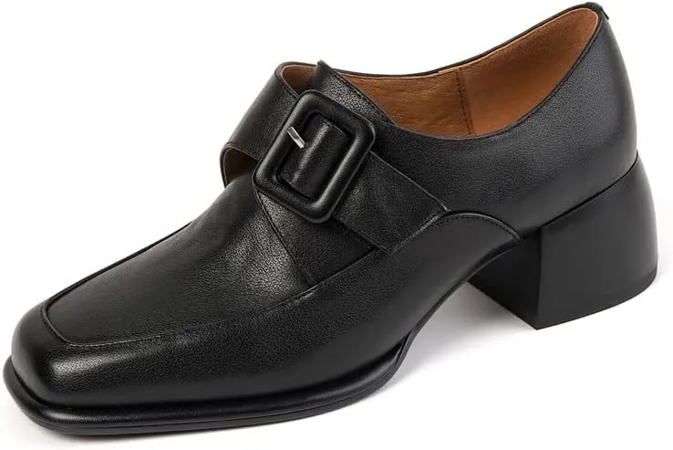 TinaCus Women's Square Toe Genuine Leather Handmade Buckle Low Chunky Heels Retro Loafer Shoes