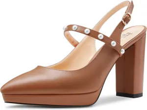 TNYNFBEB Womens Chunky Block High Heel Close Pointed Toe Pumps Ankle Strap Buckle Pearls Party Cute 3.9 Inches Heels