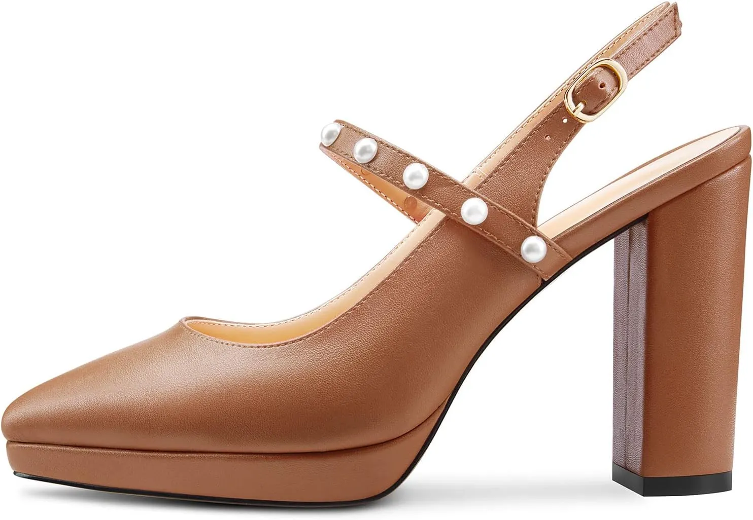 TNYNFBEB Womens Chunky Block High Heel Close Pointed Toe Pumps Ankle Strap Buckle Pearls Party Cute 3.9 Inches Heels
