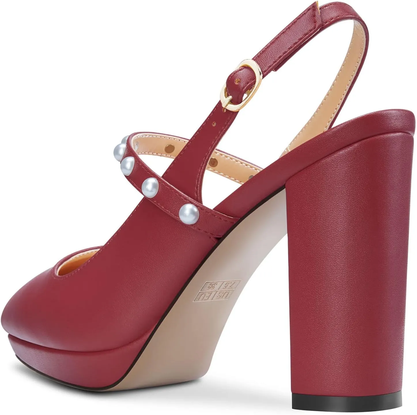 TNYNFBEB Womens Chunky Block High Heel Close Pointed Toe Pumps Ankle Strap Buckle Pearls Party Cute 3.9 Inches Heels