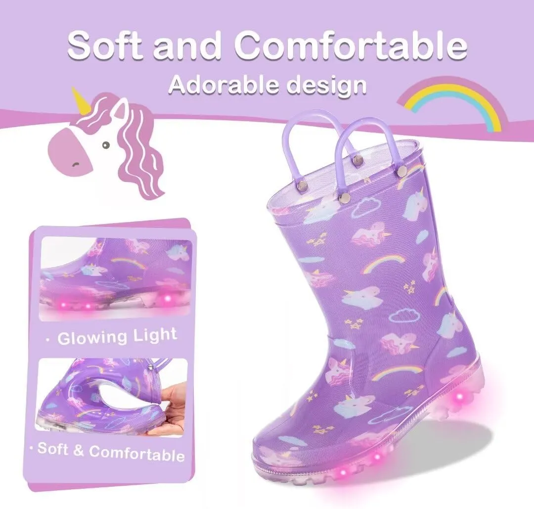Toddler Kids Rain Boots Boys Girls Light Up Waterproof Boot with Handles