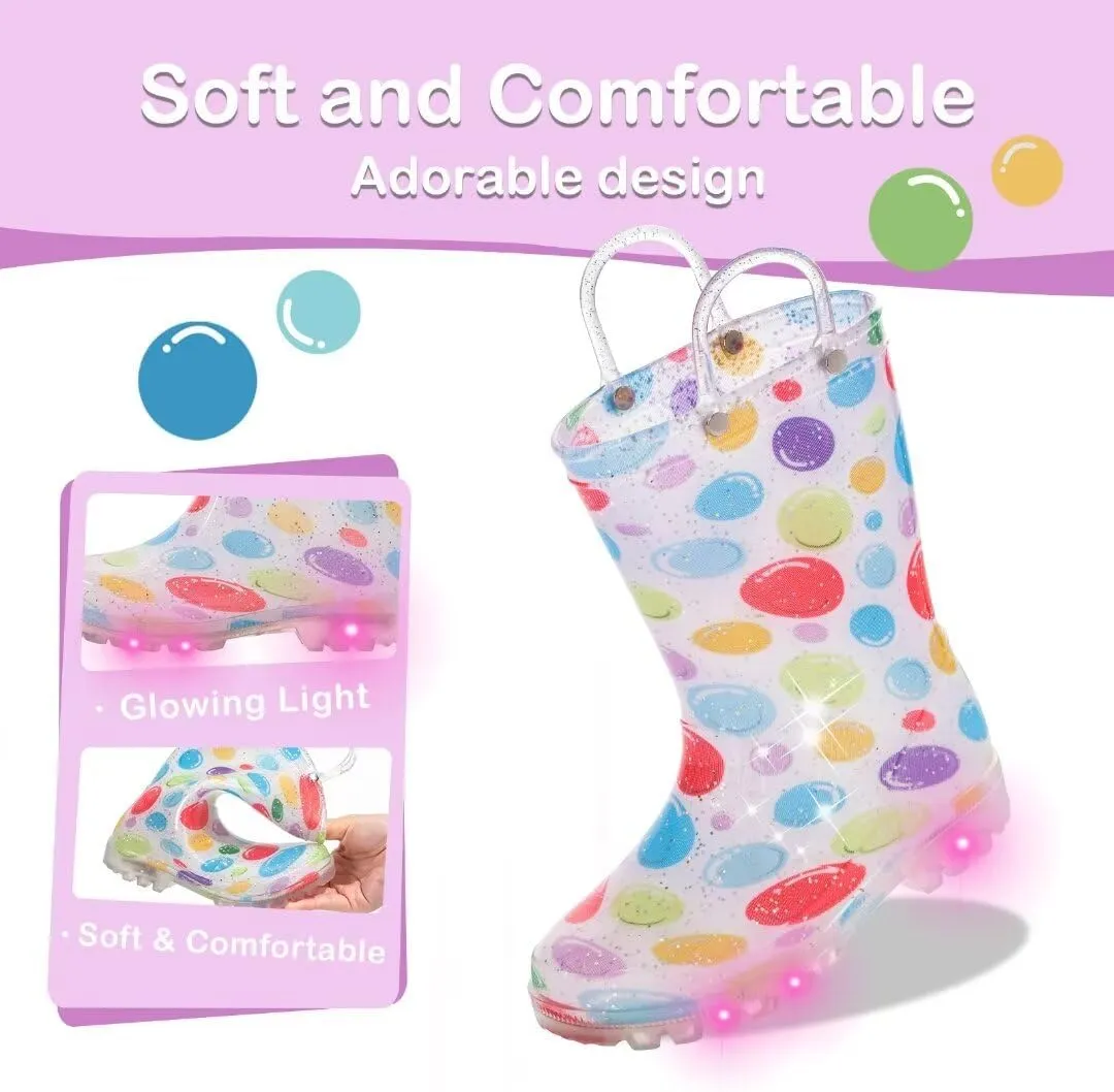Toddler Kids Rain Boots Boys Girls Light Up Waterproof Boot with Handles