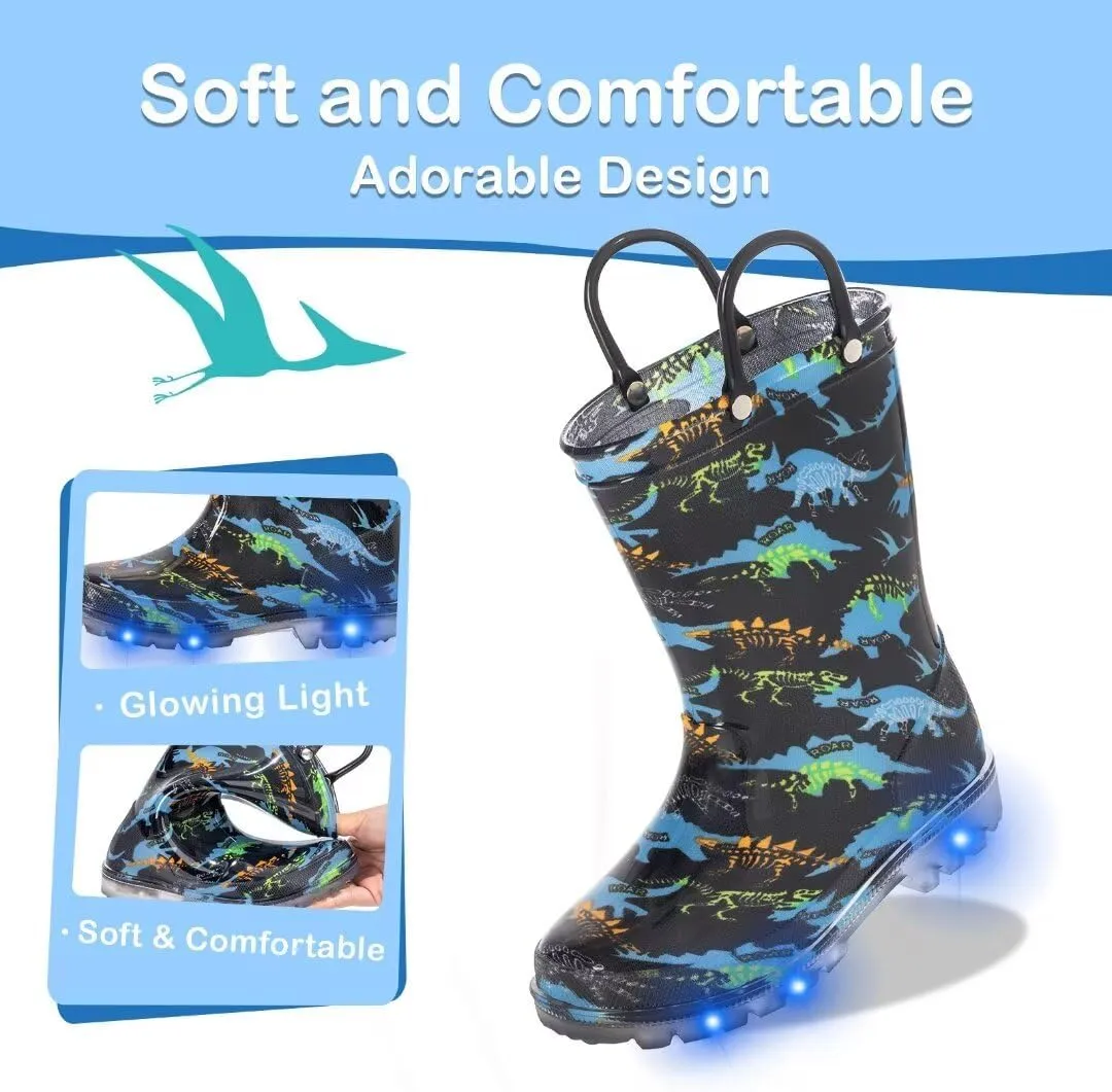 Toddler Kids Rain Boots Boys Girls Light Up Waterproof Boot with Handles