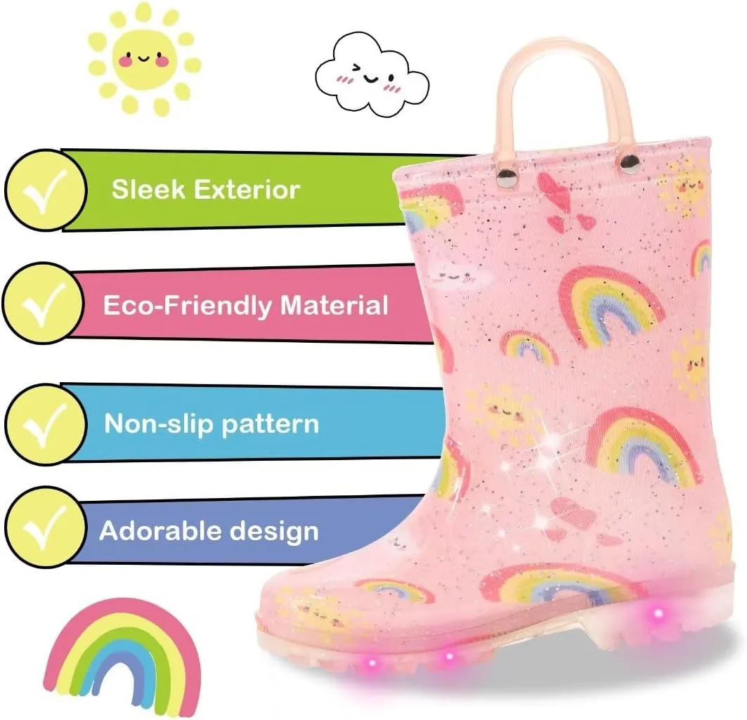 Toddler Kids Rain Boots Boys Girls Light Up Waterproof Boot with Handles