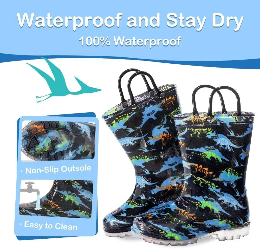 Toddler Kids Rain Boots Boys Girls Light Up Waterproof Boot with Handles