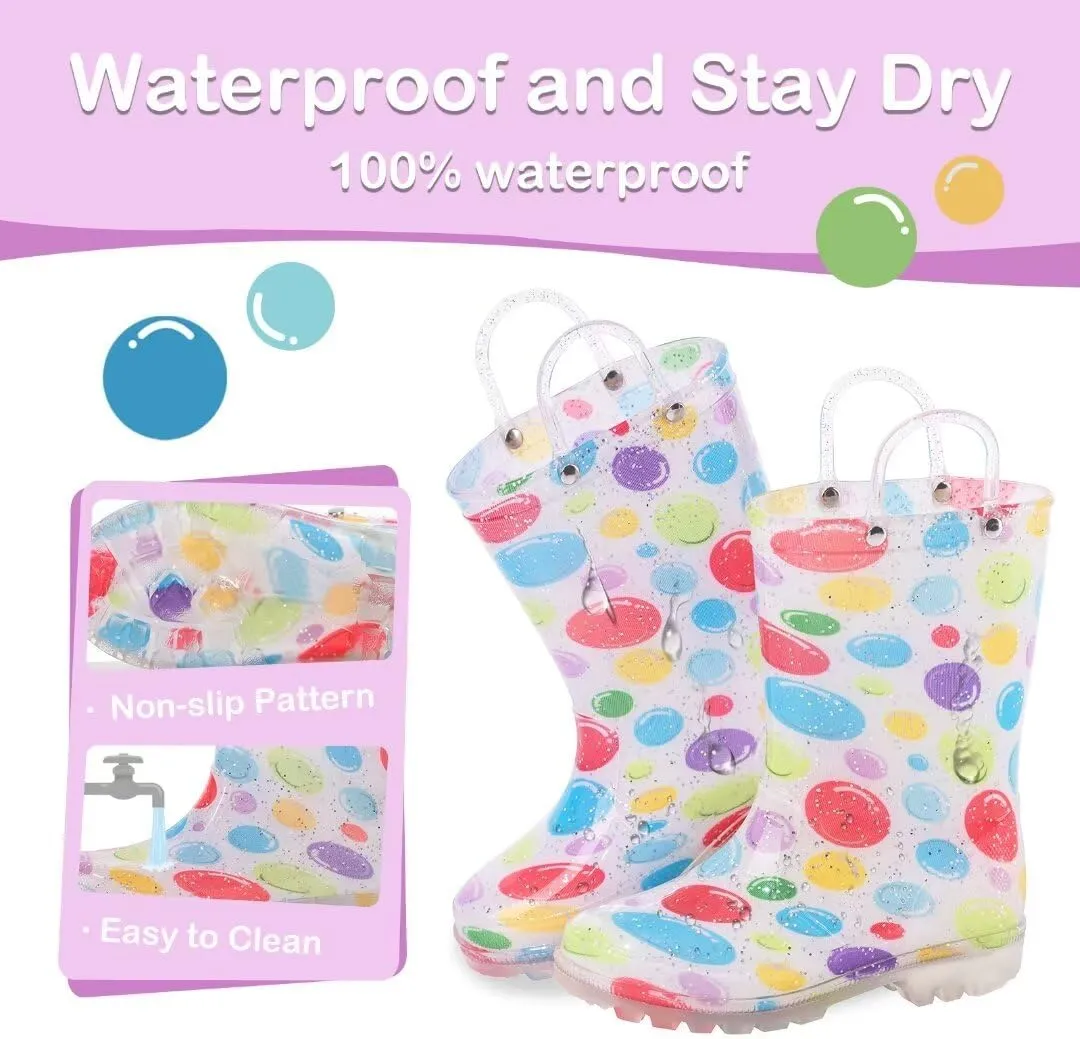 Toddler Kids Rain Boots Boys Girls Light Up Waterproof Boot with Handles