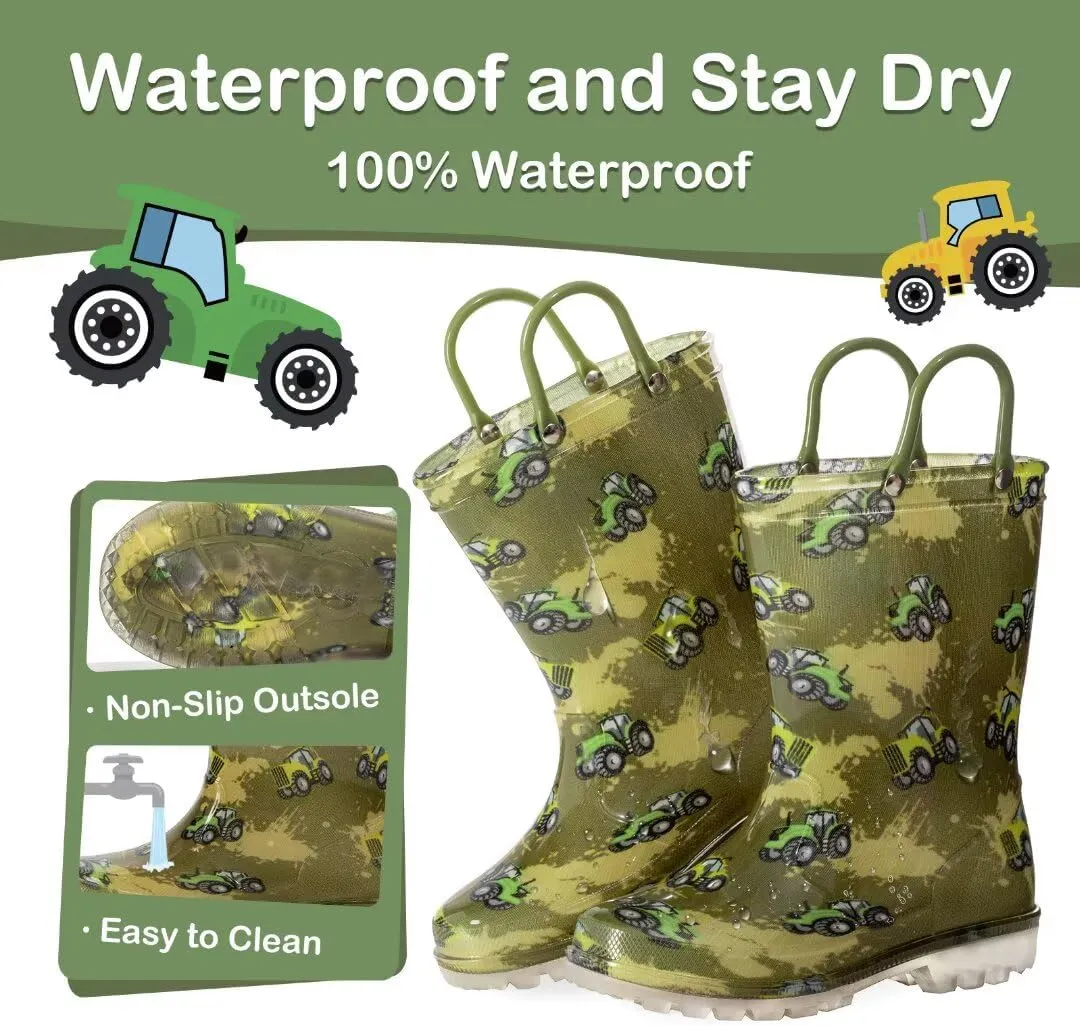 Toddler Kids Rain Boots Boys Girls Light Up Waterproof Boot with Handles