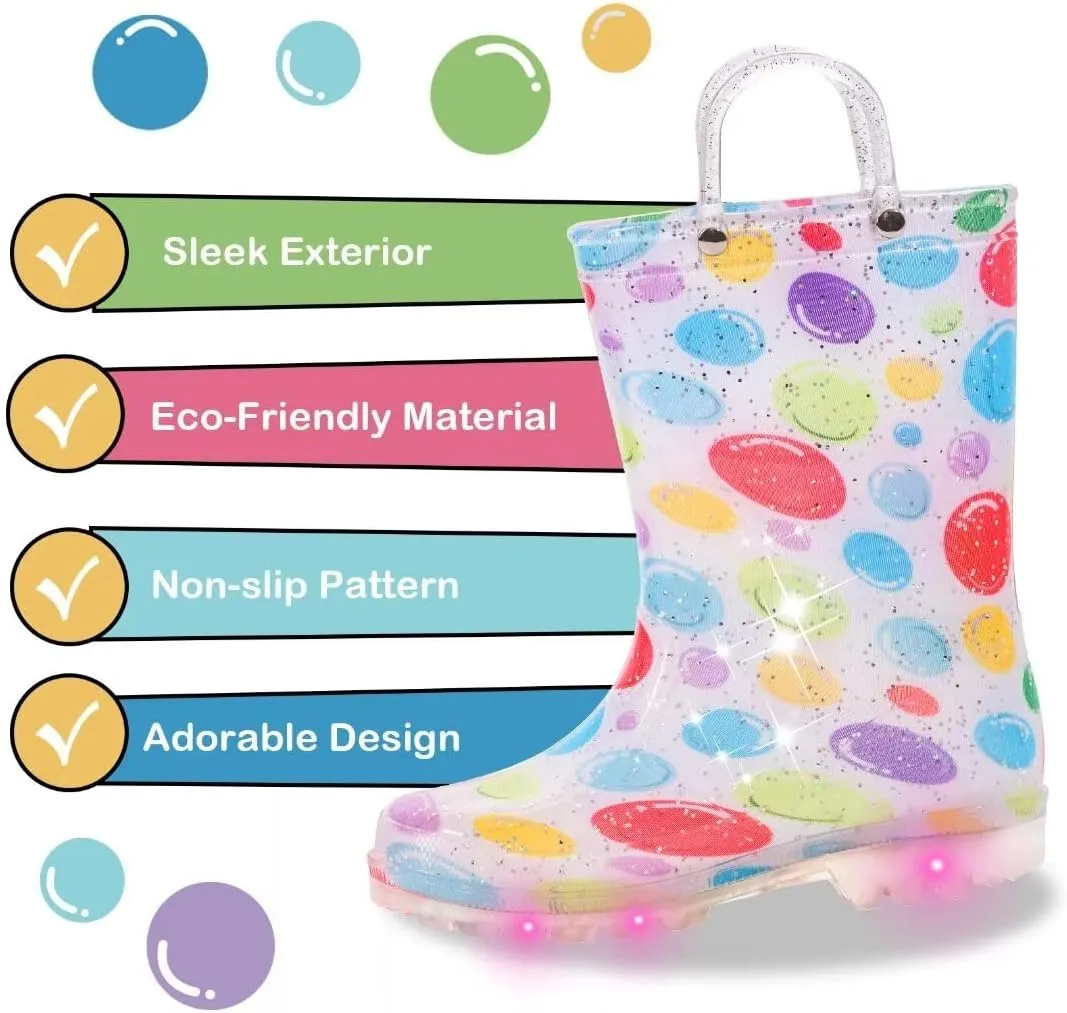 Toddler Kids Rain Boots Boys Girls Light Up Waterproof Boot with Handles