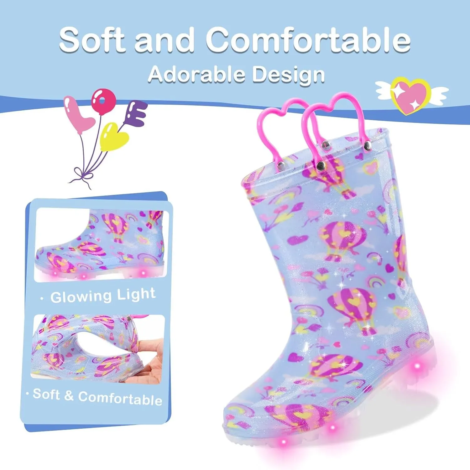 Toddler Kids Rain Boots Boys Girls Light Up Waterproof Boot with Handles