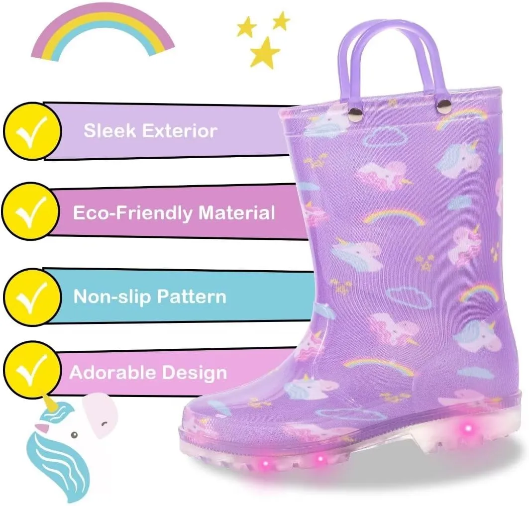 Toddler Kids Rain Boots Boys Girls Light Up Waterproof Boot with Handles
