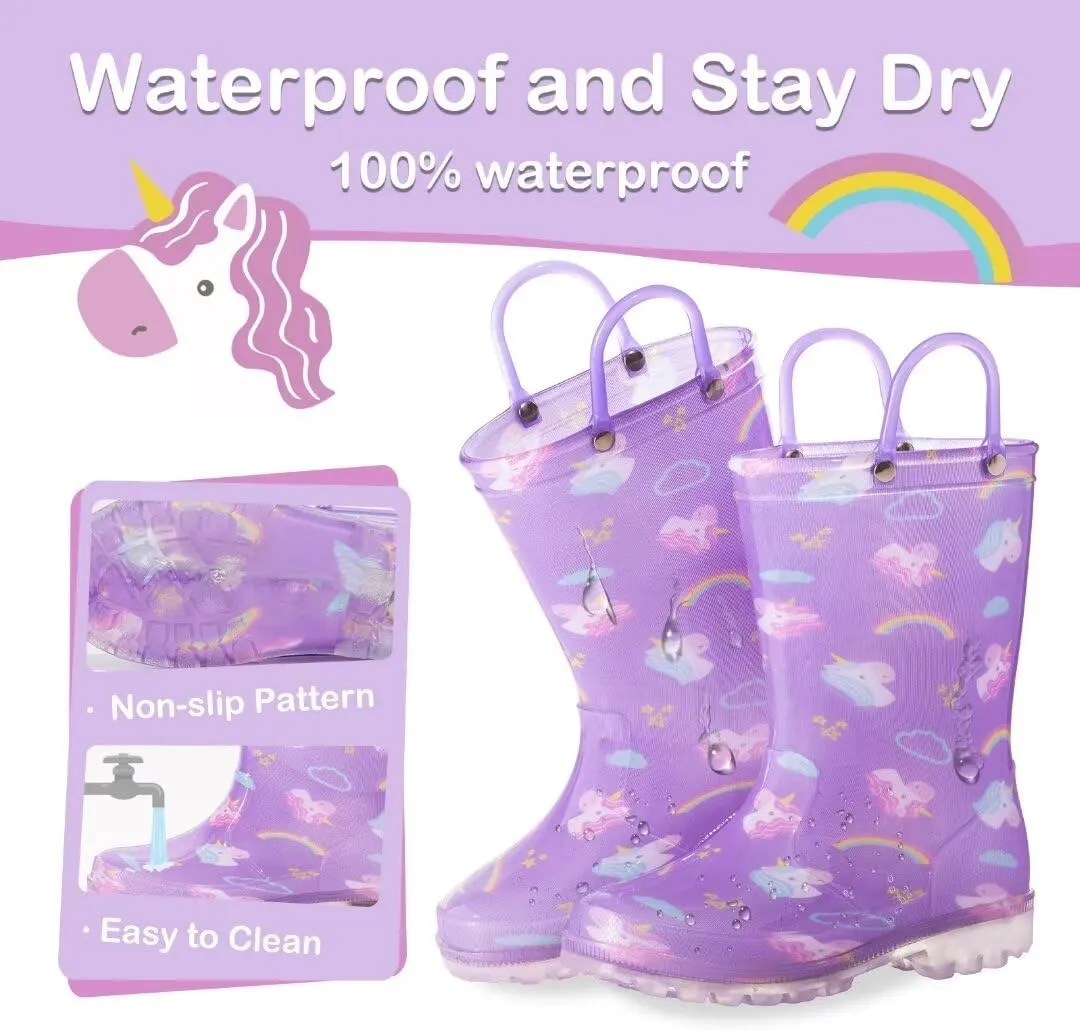 Toddler Kids Rain Boots Boys Girls Light Up Waterproof Boot with Handles