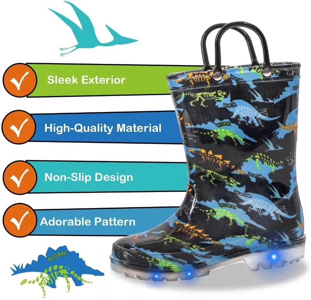 Toddler Kids Rain Boots Boys Girls Light Up Waterproof Boot with Handles