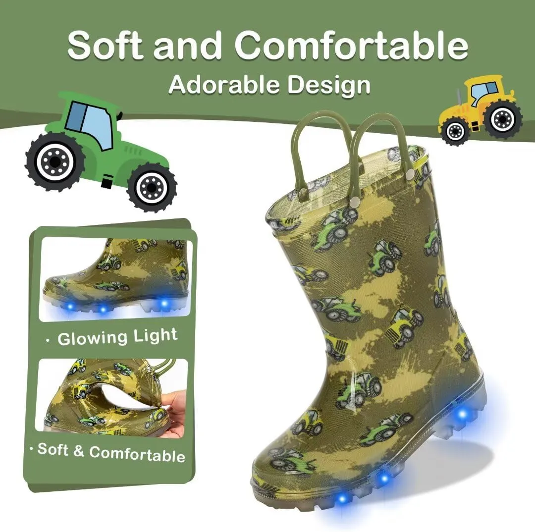 Toddler Kids Rain Boots Boys Girls Light Up Waterproof Boot with Handles