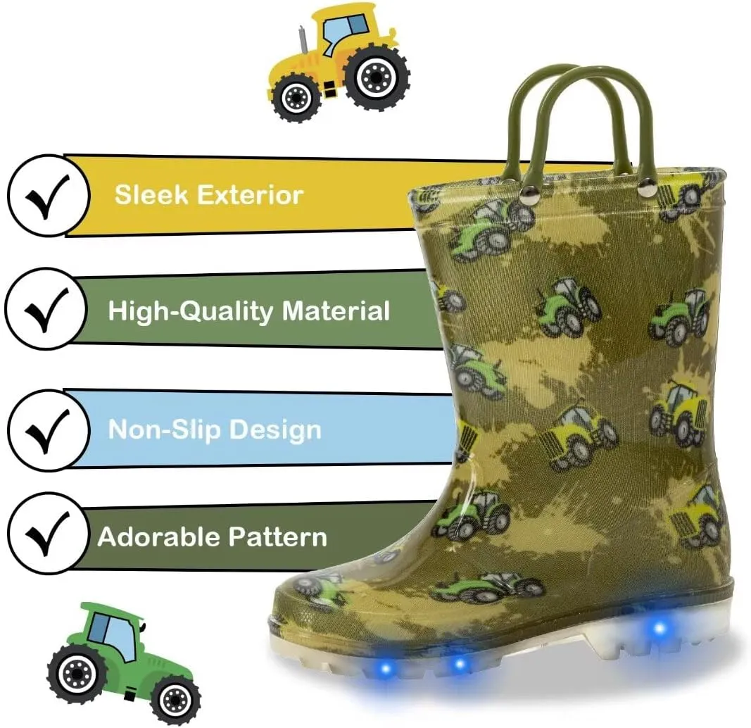 Toddler Kids Rain Boots Boys Girls Light Up Waterproof Boot with Handles