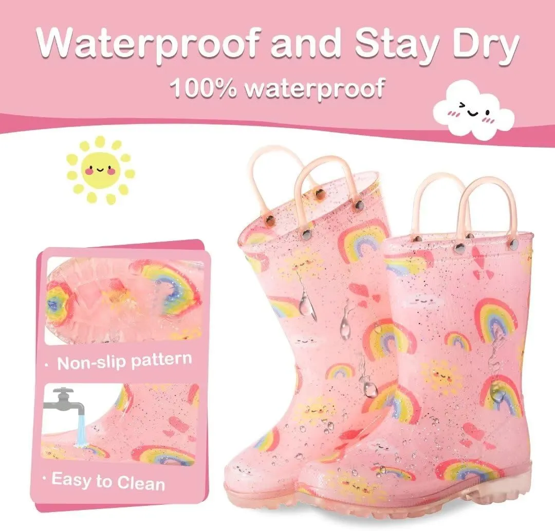 Toddler Kids Rain Boots Boys Girls Light Up Waterproof Boot with Handles