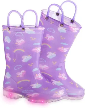 Toddler Kids Rain Boots Boys Girls Light Up Waterproof Boot with Handles