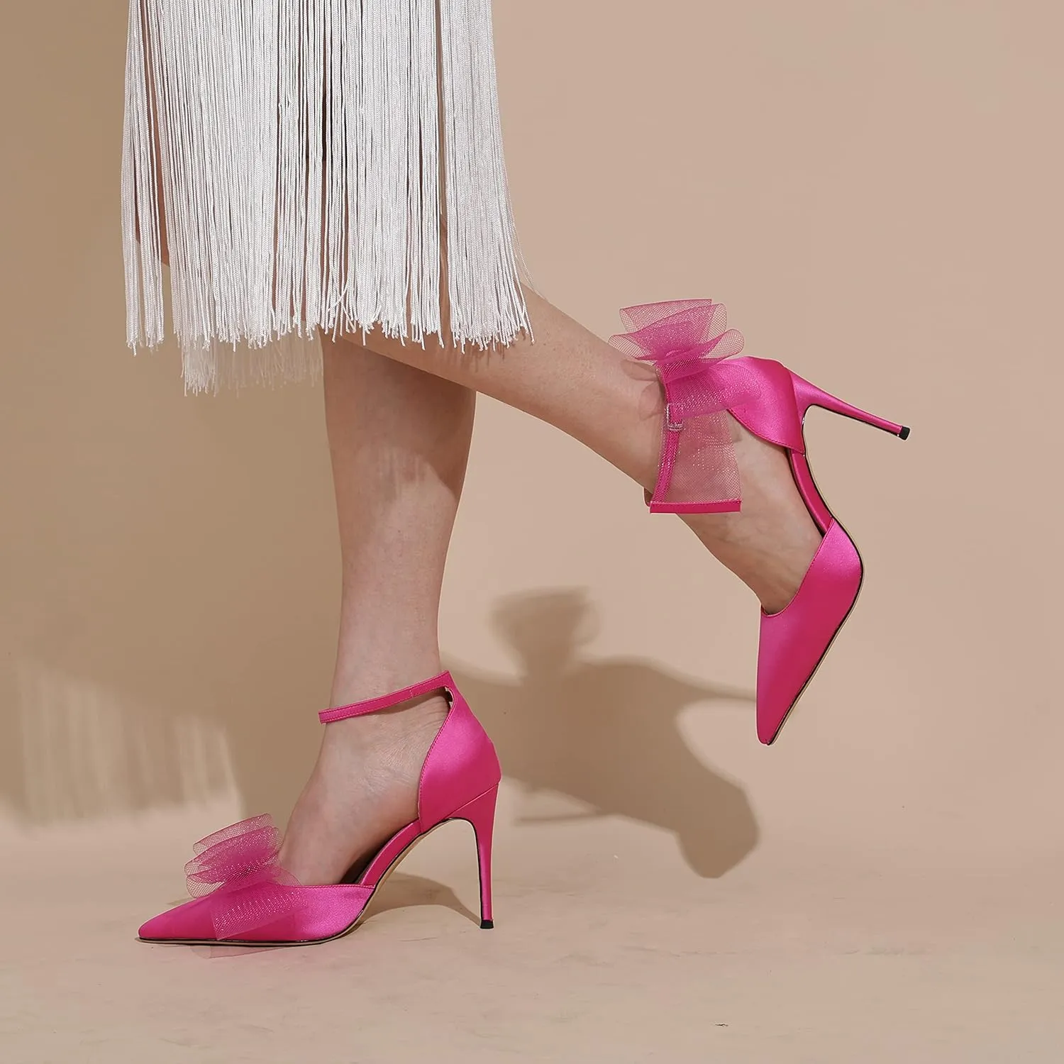 Touslecos Satin Closed Toe Heels for Women Satin Pumps with Bow Pointed Toe Ankle Strap Dress Wedding Satin Heels