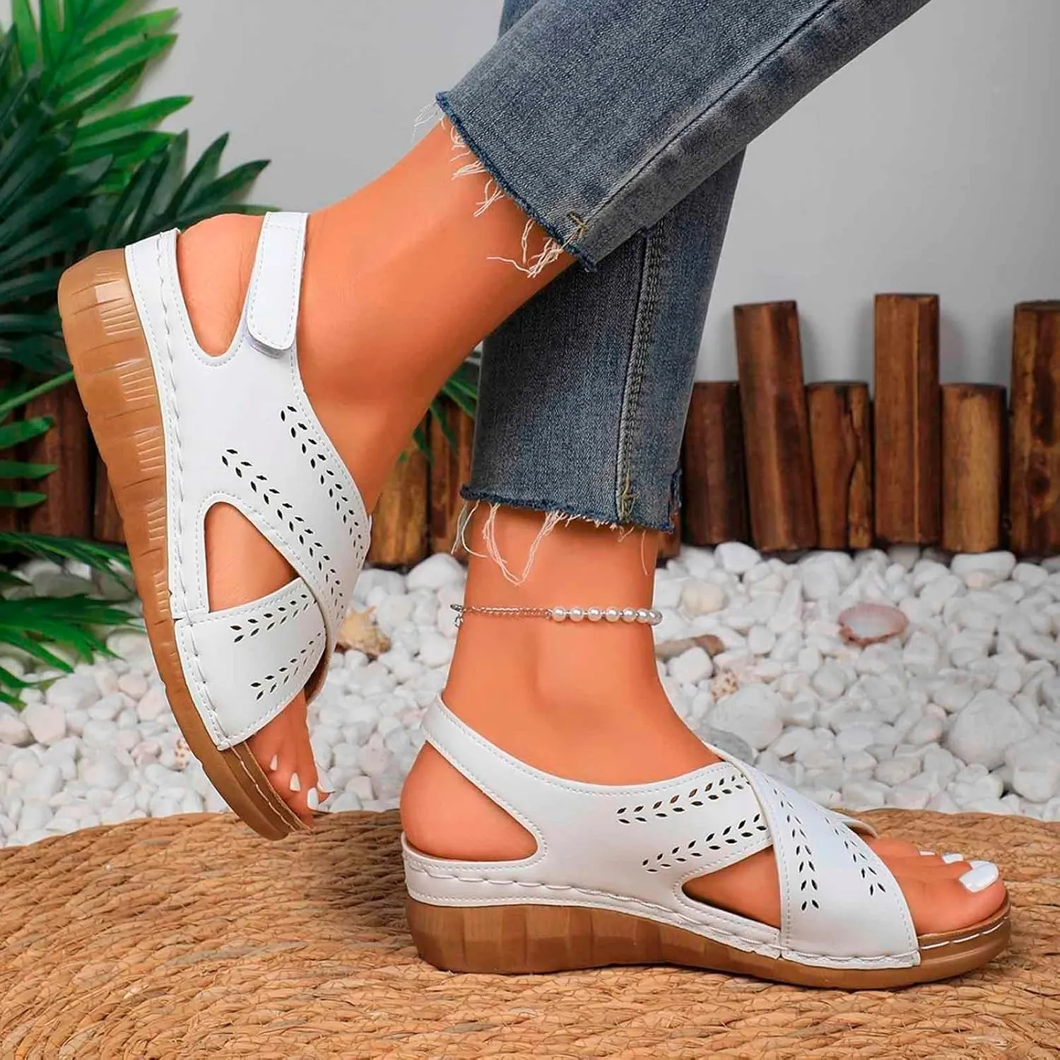 Trendy Women's Sandals Everyday Casual Wear Open Toe Solid Hollow Design Wedge Heel Summer Season Sandals for Women
