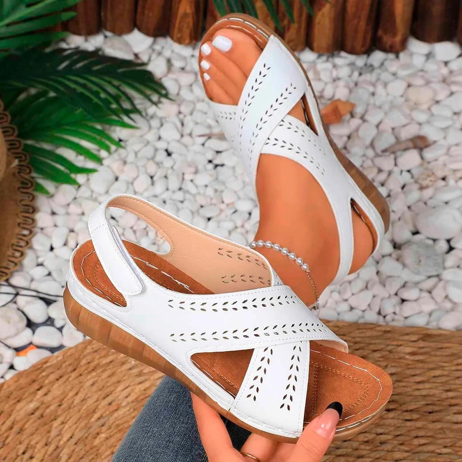Trendy Women's Sandals Everyday Casual Wear Open Toe Solid Hollow Design Wedge Heel Summer Season Sandals for Women
