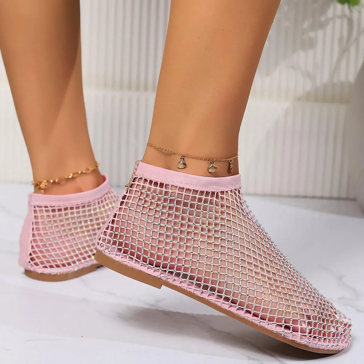 Ultra Comfortable Mesh Flats for Women Fishnet Sandals Low Heel Slip on Rhinestone Shoes
