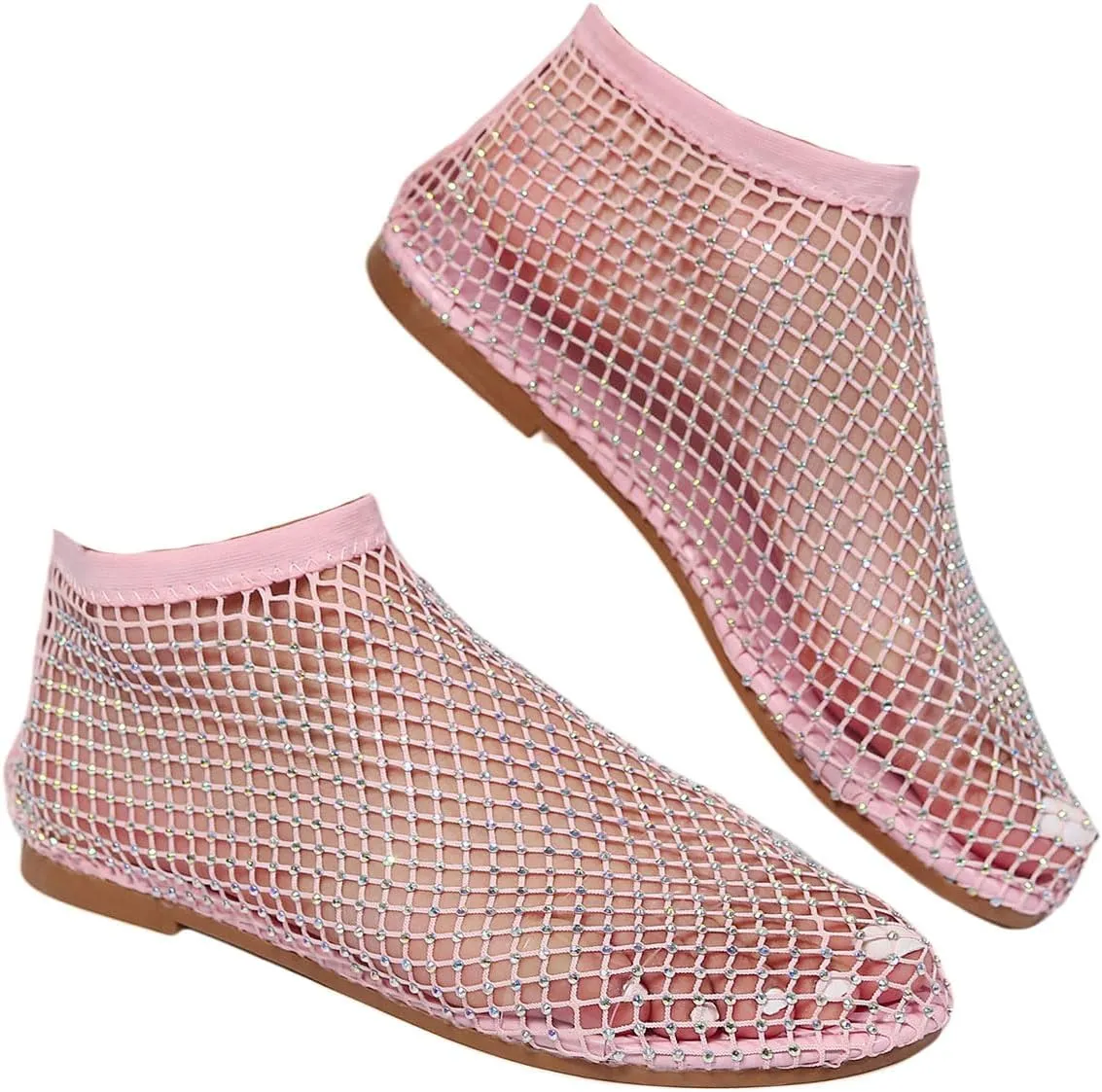 Ultra Comfortable Mesh Flats for Women Fishnet Sandals Low Heel Slip on Rhinestone Shoes