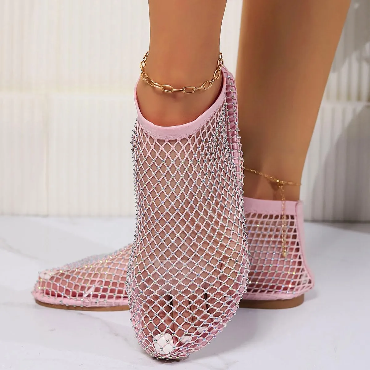 Ultra Comfortable Mesh Flats for Women Fishnet Sandals Low Heel Slip on Rhinestone Shoes
