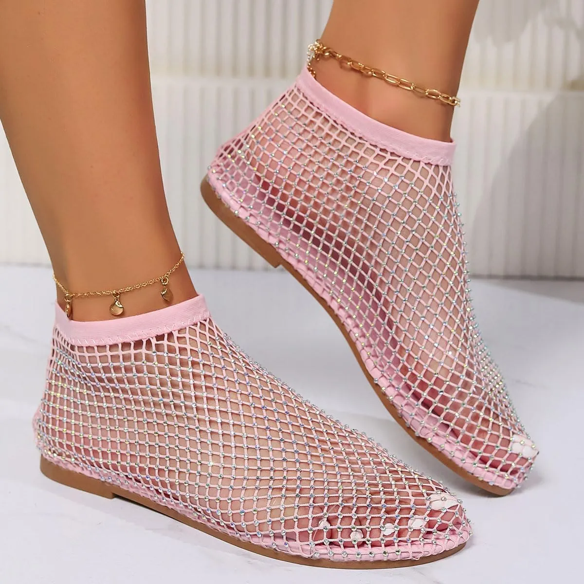 Ultra Comfortable Mesh Flats for Women Fishnet Sandals Low Heel Slip on Rhinestone Shoes