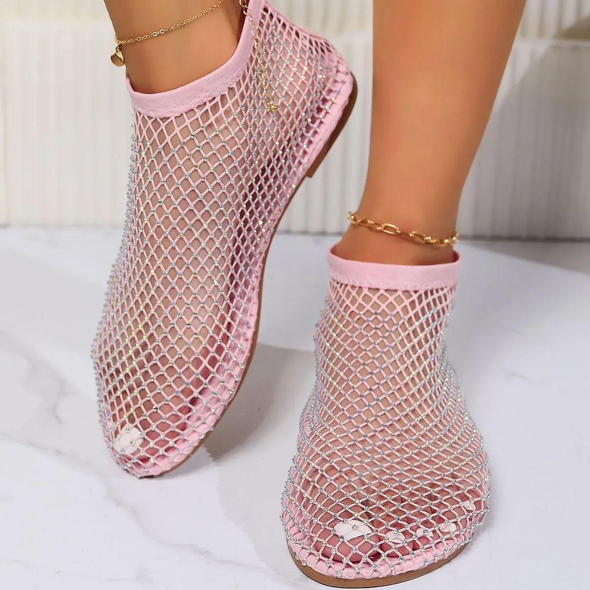 Ultra Comfortable Mesh Flats for Women Fishnet Sandals Low Heel Slip on Rhinestone Shoes