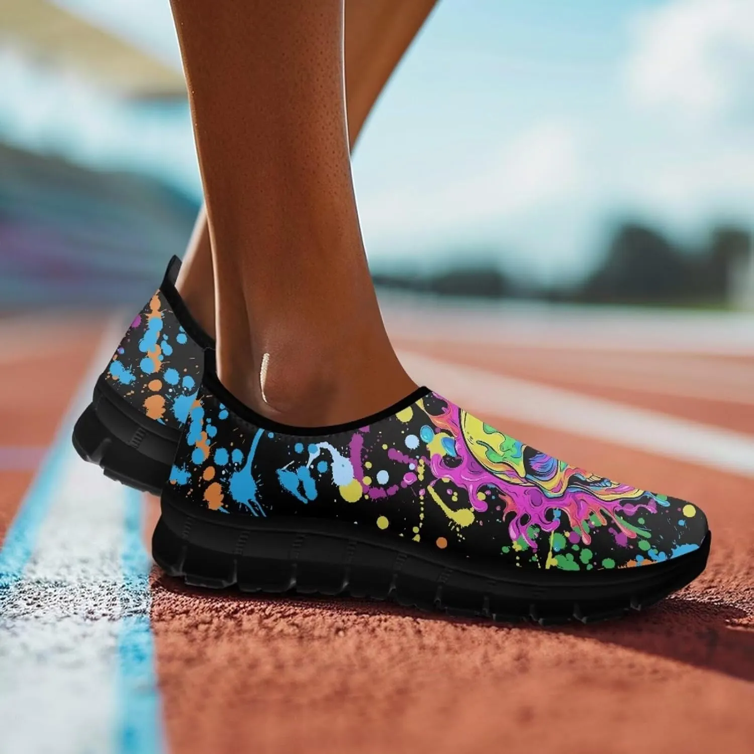 UNICEU Skull Print Slip On Shoes for Women Casual Breathable Low Top Sneakers Non-Slip Lightweight Walking Footwear