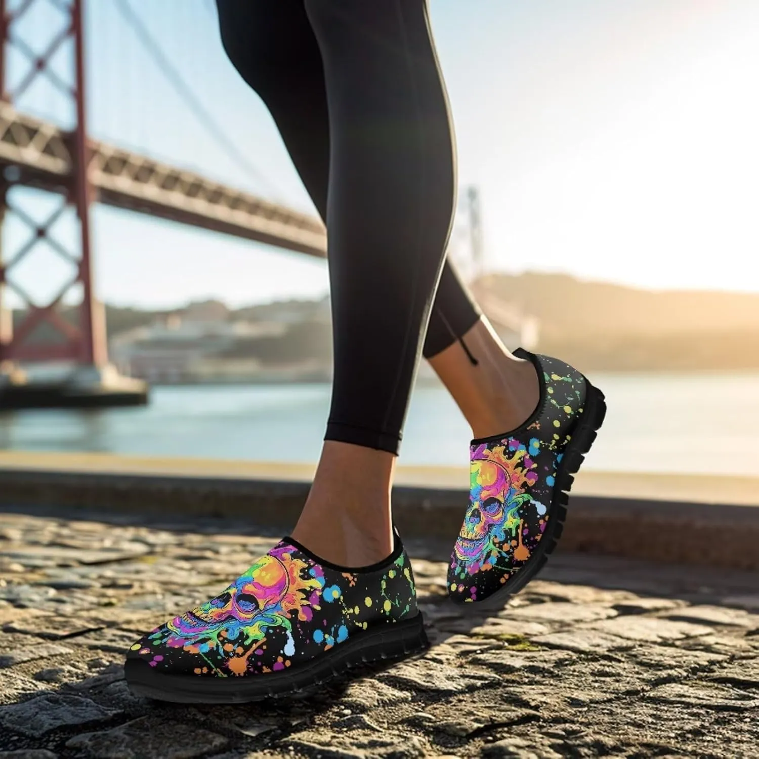 UNICEU Skull Print Slip On Shoes for Women Casual Breathable Low Top Sneakers Non-Slip Lightweight Walking Footwear
