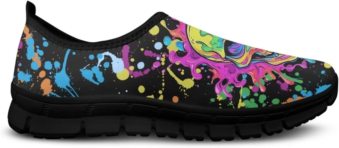 UNICEU Skull Print Slip On Shoes for Women Casual Breathable Low Top Sneakers Non-Slip Lightweight Walking Footwear