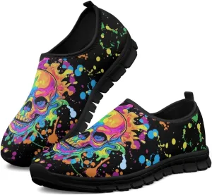 UNICEU Skull Print Slip On Shoes for Women Casual Breathable Low Top Sneakers Non-Slip Lightweight Walking Footwear