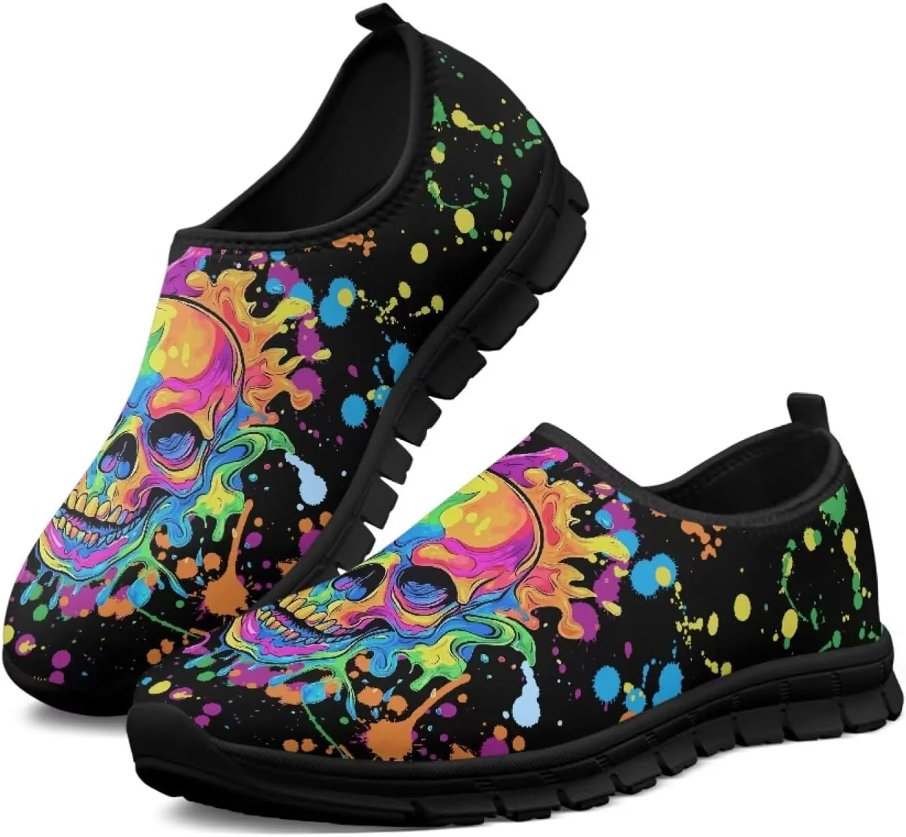 UNICEU Skull Print Slip On Shoes for Women Casual Breathable Low Top Sneakers Non-Slip Lightweight Walking Footwear
