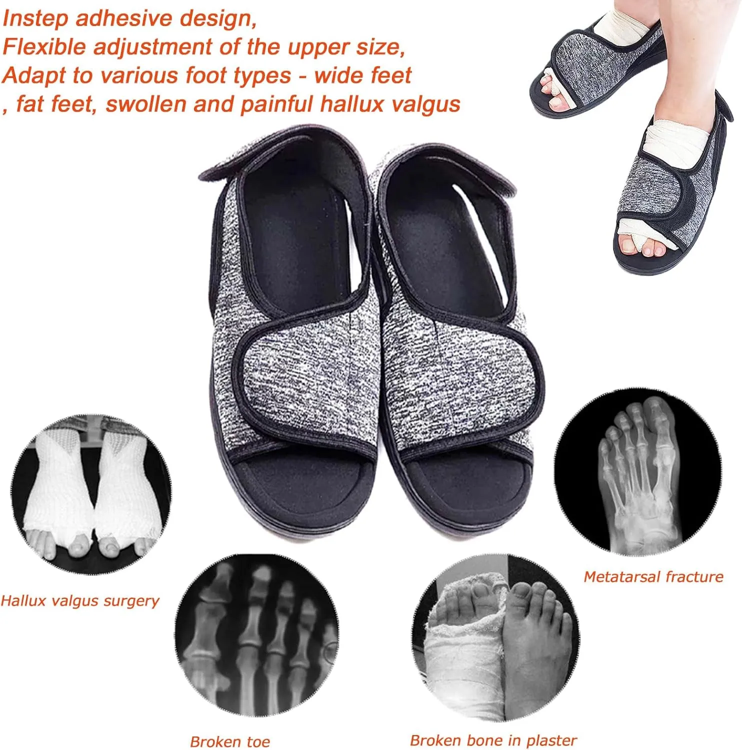 Unisex Open Toe Diabetic Shoes, Extra Wide Arthritis Edema Shoes, Medical Open Toe Cast Shoes for Swollen Feet Edema Footwear Indoor Outdoor(Grey,L)