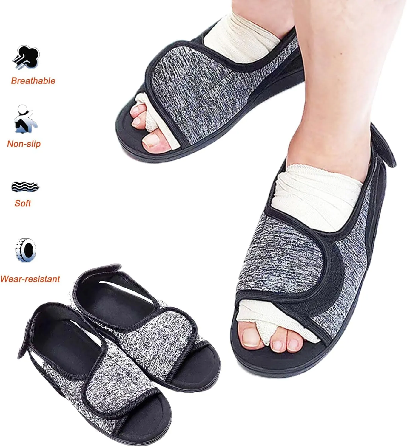 Unisex Open Toe Diabetic Shoes, Extra Wide Arthritis Edema Shoes, Medical Open Toe Cast Shoes for Swollen Feet Edema Footwear Indoor Outdoor(Grey,L)