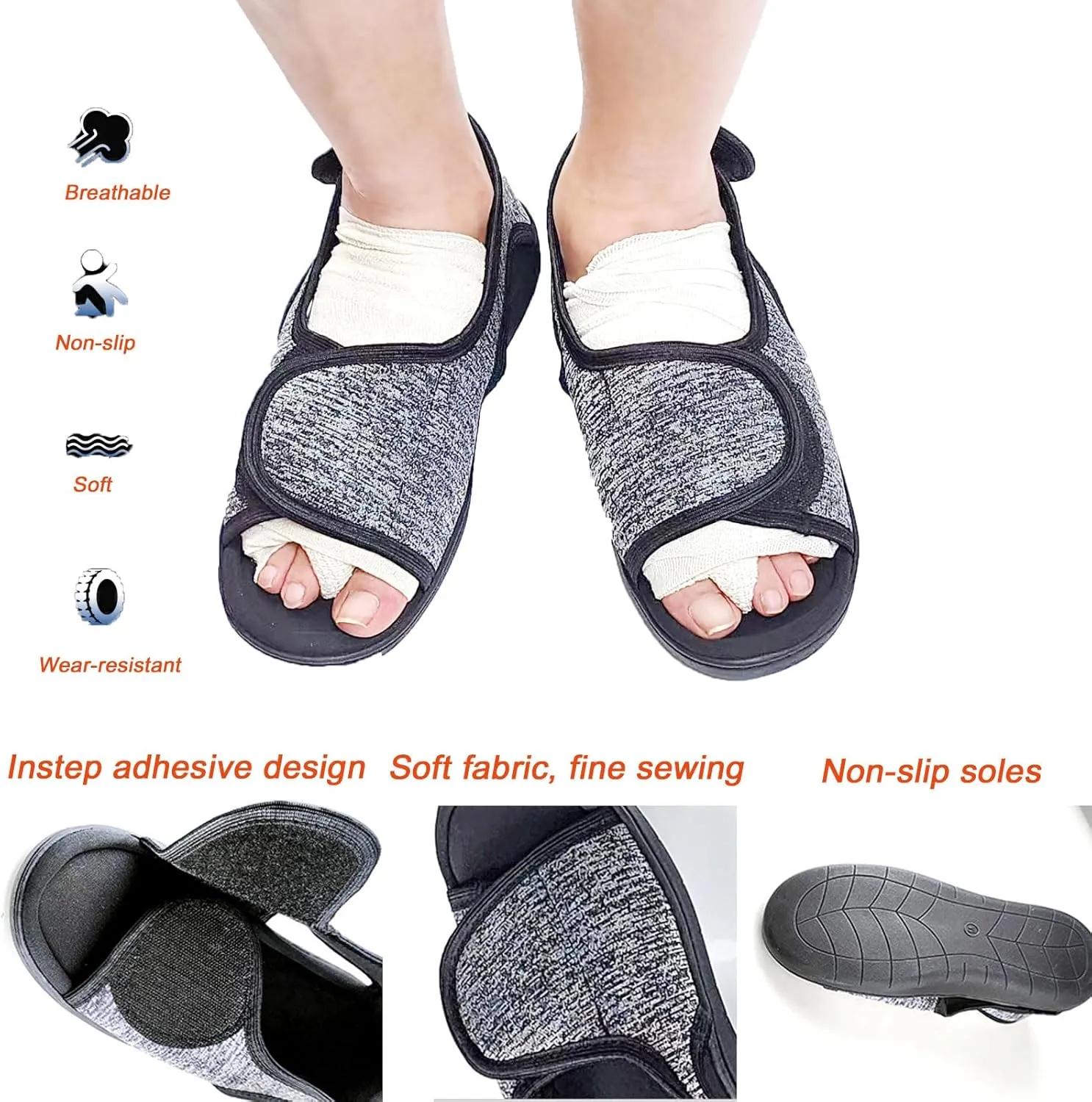 Unisex Open Toe Diabetic Shoes, Extra Wide Arthritis Edema Shoes, Medical Open Toe Cast Shoes for Swollen Feet Edema Footwear Indoor Outdoor(Grey,L)