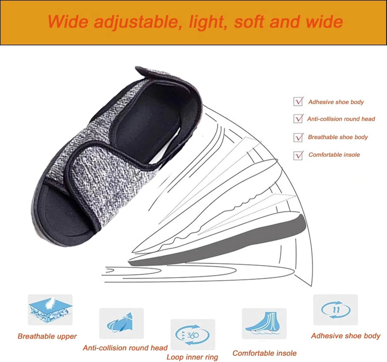 Unisex Open Toe Diabetic Shoes, Extra Wide Arthritis Edema Shoes, Medical Open Toe Cast Shoes for Swollen Feet Edema Footwear Indoor Outdoor(Grey,L)