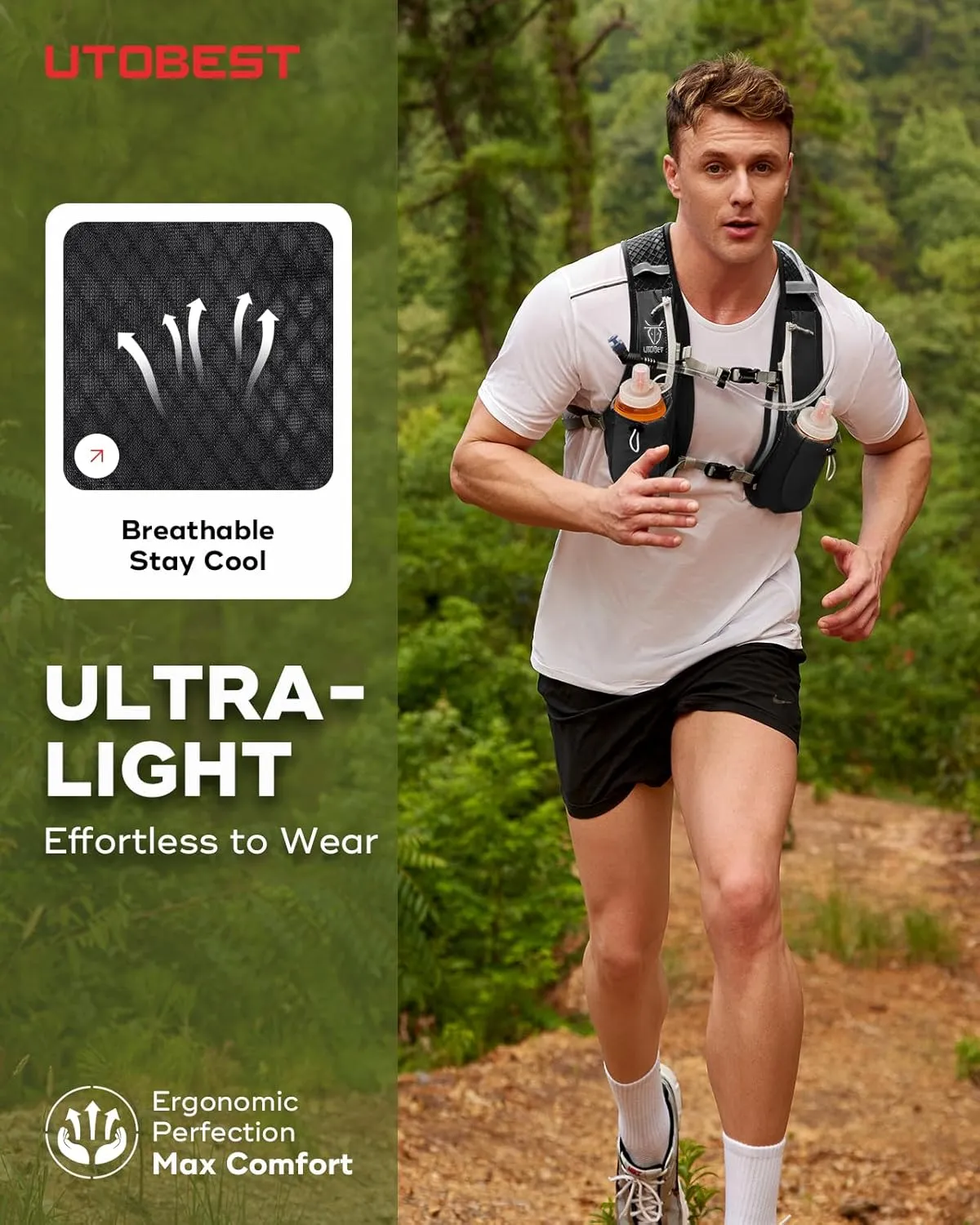 UTOBEST Running Vest, 5L Hydration Vest Lightweight, Breathable and Sweatproof Running Backpack, Adjustable Running Hydration Vest for Trail Running Marathon Race Jogging Cycling