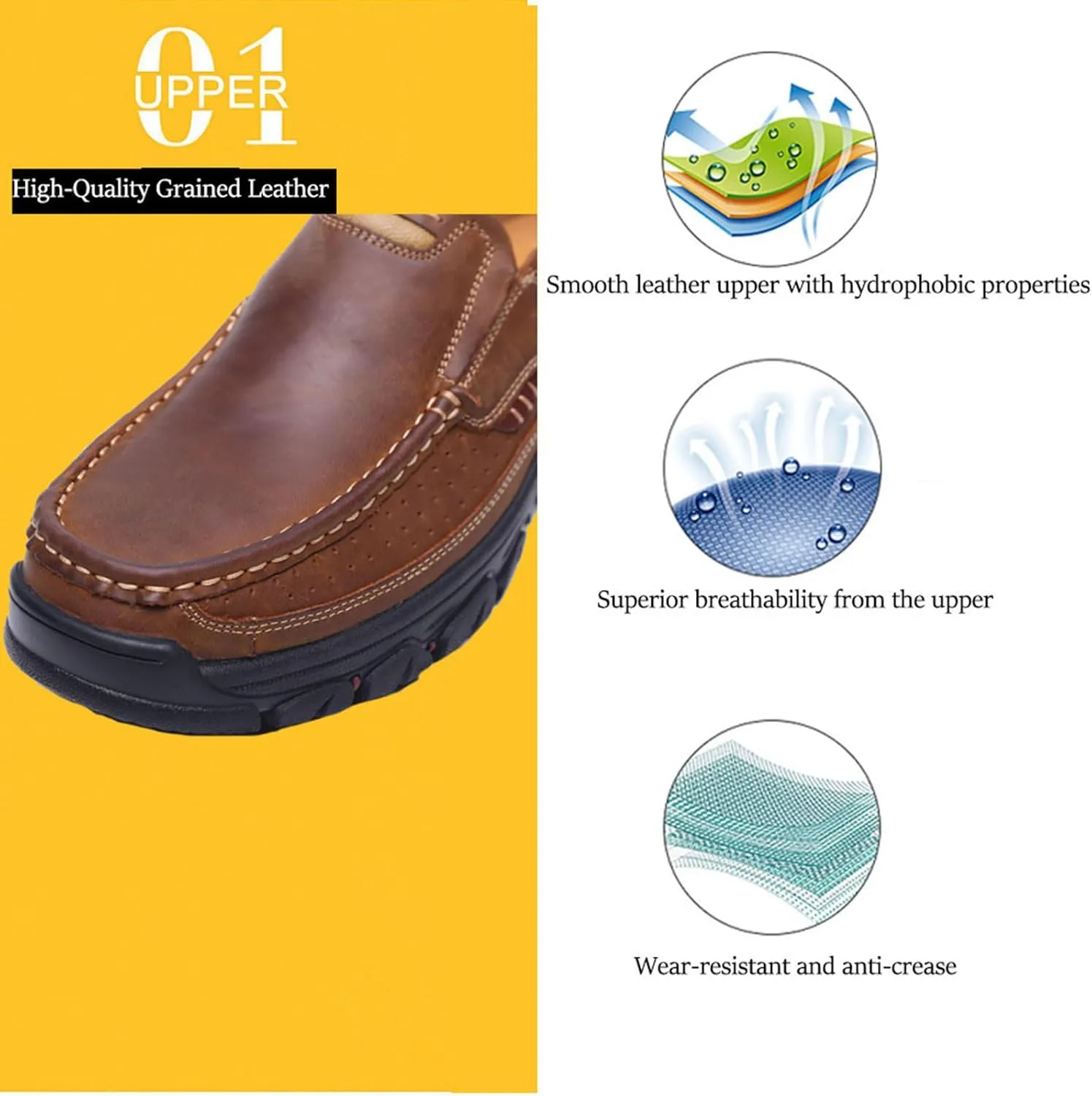 Venshine Mens Walking Shoes Leather Lightweight Breathable Casual Slip On Loafers