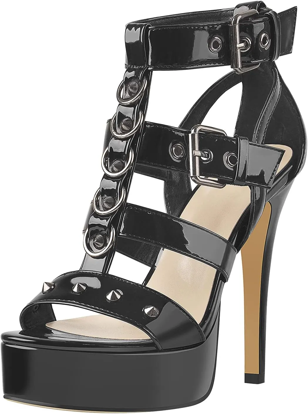VERISSON Women's Open Toe Rivets Stud Stiletto Heels T-strappy Platform High Heels Sandals for Prom Dressing Party