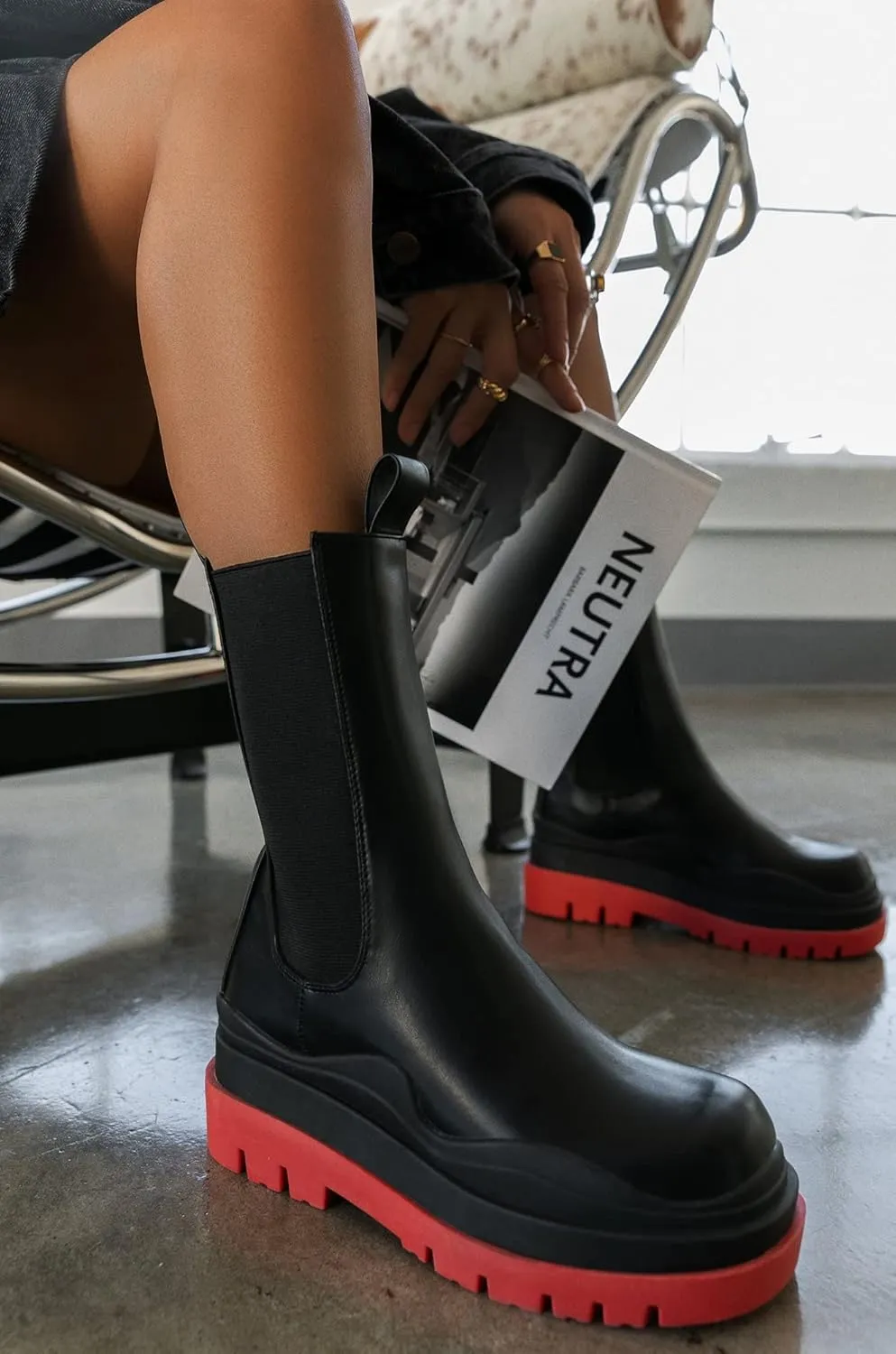 Vertundy Women's Chelsea Ankle Boots Slip On Mid Calf Chunky Platform Comfortable Pull-on Booties