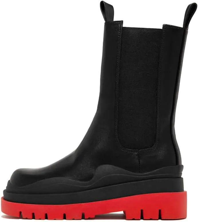 Vertundy Women's Chelsea Ankle Boots Slip On Mid Calf Chunky Platform Comfortable Pull-on Booties